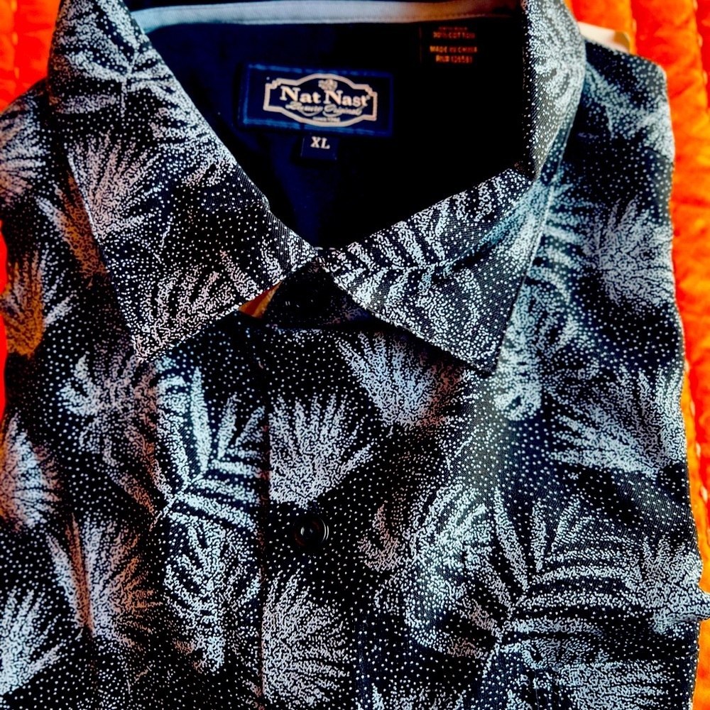 Nat Nast NWOT silk & cotton short sleeve front pocket black / blue szXL